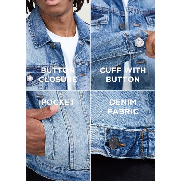 Mens Medium Blue Denim Jacket Washed Ripped Distressed Stretch Casual Trucker - Picture 5 of 9